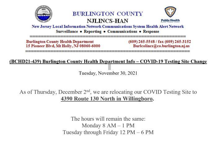 Burlington County Health Department Info – COVID-19 Testing Site Change